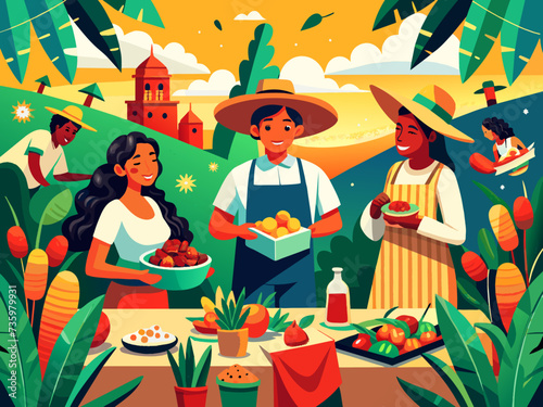A cheerful depiction of a Mexican food festival with vendors serving up tacos and tamales. vektor illustation