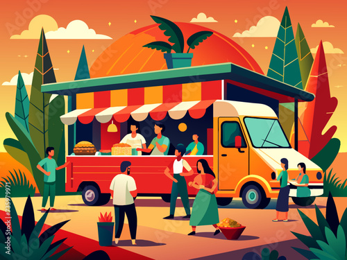 A cheerful depiction of a Mexican food truck with a line of customers waiting for tacos. vektor illustation © Bendix