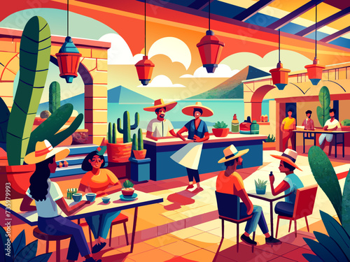 A lively illustration of a Mexican cantina with patrons enjoying tacos and margaritas. vektor illustation