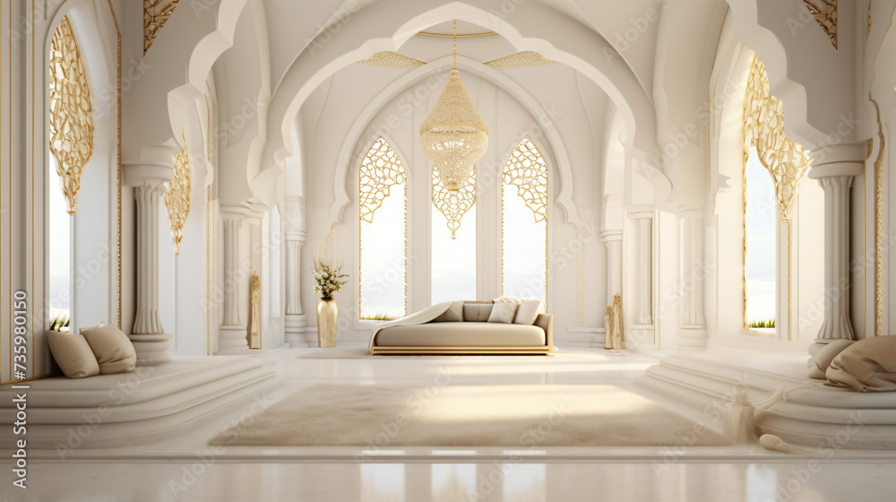 White and gold stylish Muslim prayer room.