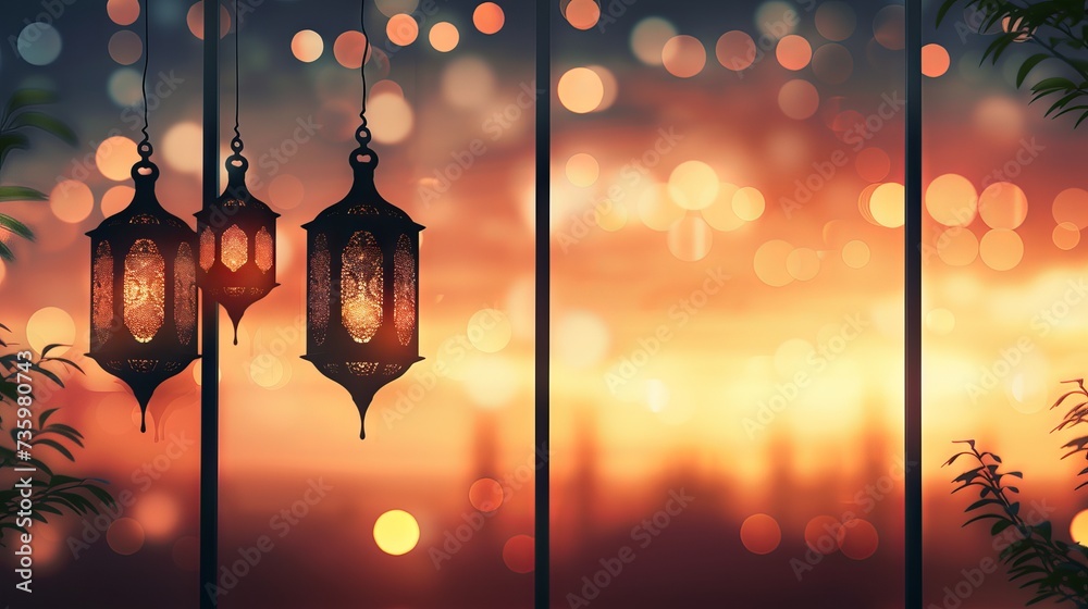 Ramadan Kareem - traditional Arabic lanterns and window with crescent moon and star at sunset - bokeh effect - Eid ul Fitr celebration - obrazy, fototapety, plakaty 