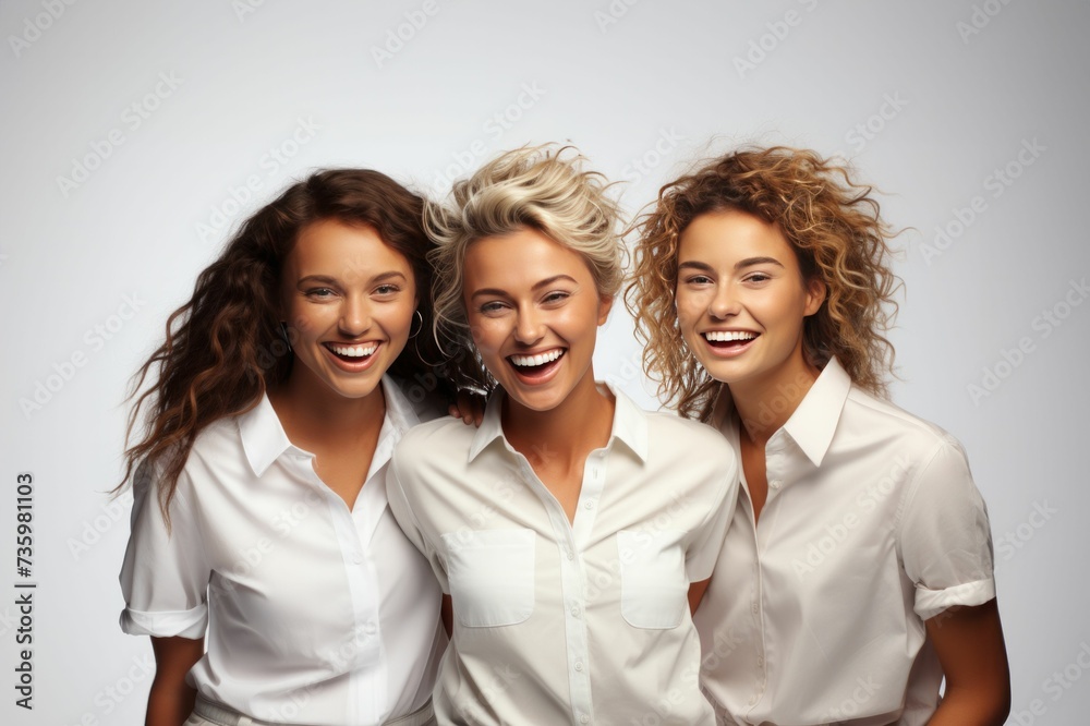 Female models of different ages celebrating their natural bodies in a studio. confident and happy women smiling cheerfully while wearing white shirts against a white background. models group advertisi Female models of different ages celebrating their natural bodies in a studio. confident and happy women smiling cheerfully while wearing white shirts against a white background. models group advertisi