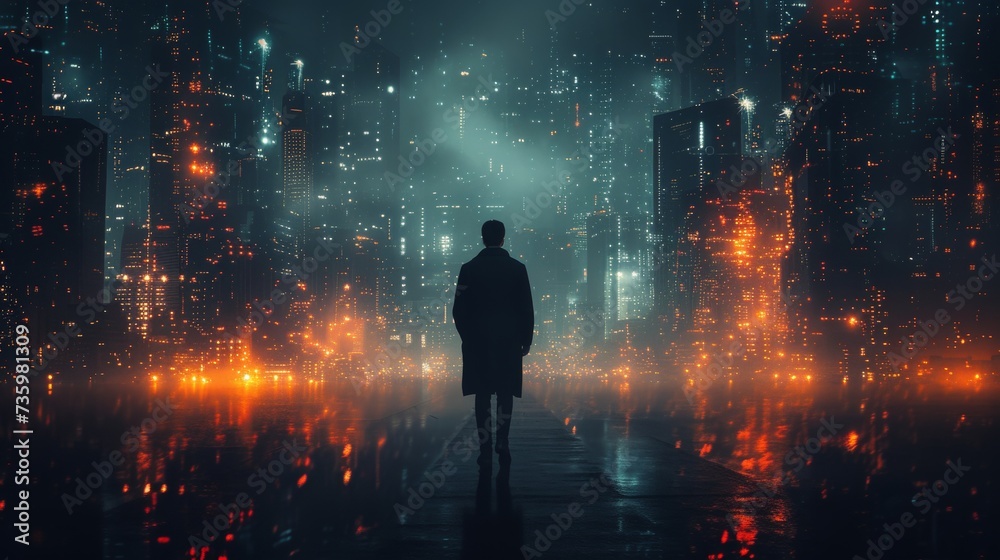 The concept of a professional business man walking through a network city at night with a futuristic interface graphic, using a Cyberpunk color scheme