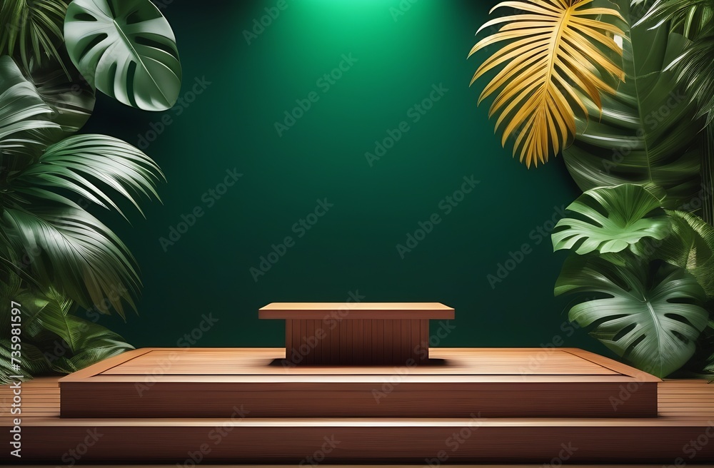 Wooden podium. Empty table stage. Tropical banana palms and monstera leaves. Scene for product presentation. Marketing promotion. Pedestal minimal showcase, poster or banner. Advertising background