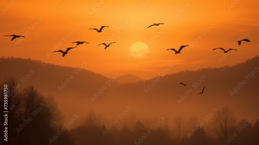 Silhouettes of flying birds at sunset