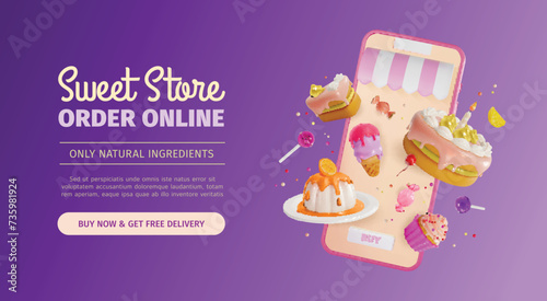 3d Sweet Store Order Online Ads Banner Concept Poster Card Smartphone with Floating Cupcake, Candy, Ice Cream and Cake. Vector illustration