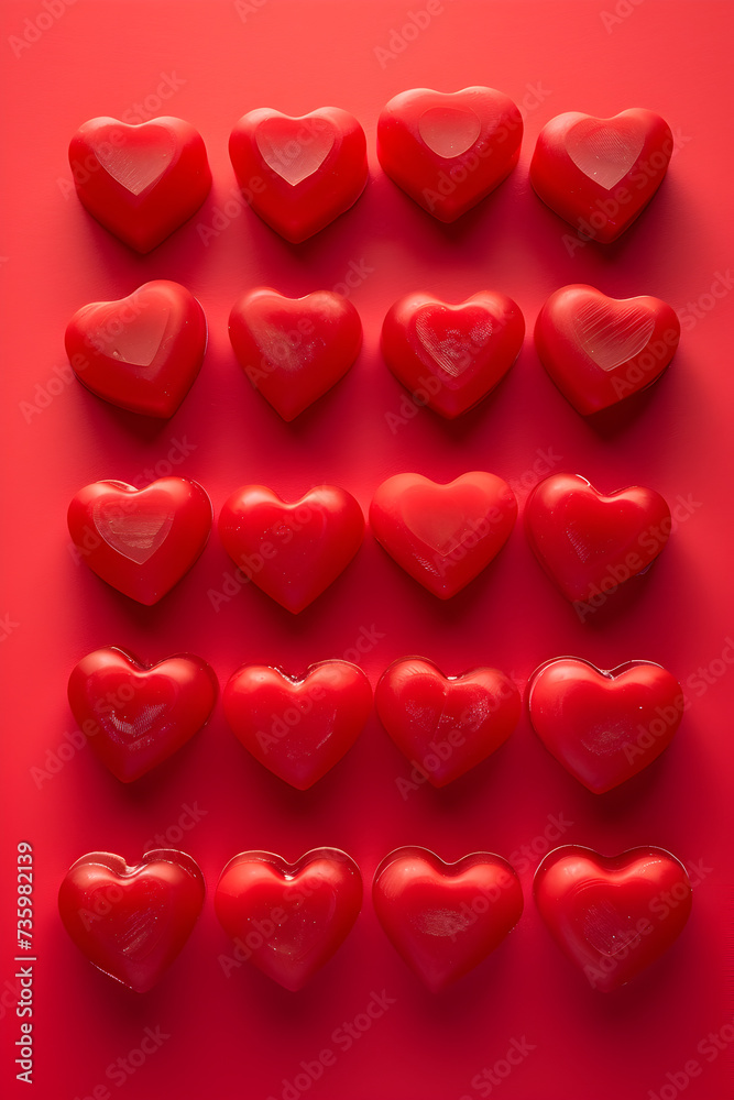Flat lay photo of red heart-shaped soaps, neatly arranged in a square.