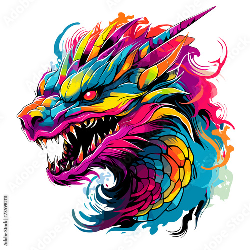 Portrait of a fairy dragon in psychedelic vector pop art style.