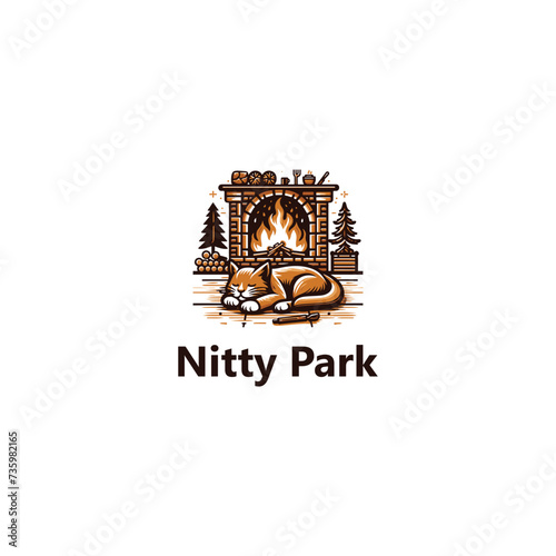Cozy cat by fireplace logo