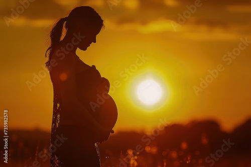 Silhouette of pregnant mother holding her belly against a sunrise, Golden backlighting