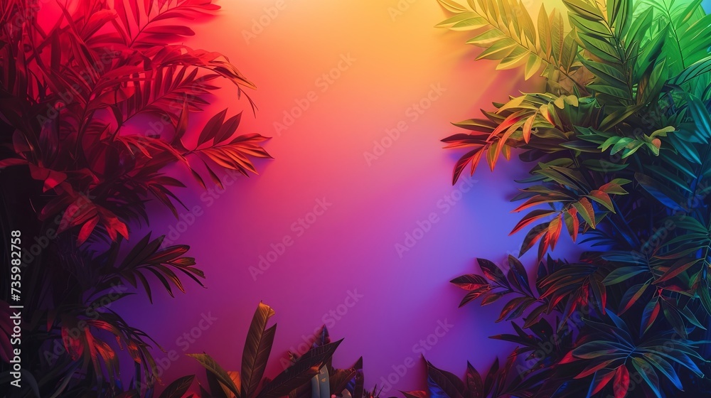 Lush tropical foliage bathed in a gradient of neon lights, creating a vibrant and exotic atmosphere reminiscent of a tropical paradise at night.
