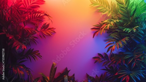 Lush tropical foliage bathed in a gradient of neon lights, creating a vibrant and exotic atmosphere reminiscent of a tropical paradise at night.