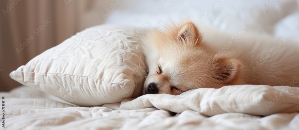 Adorable small dog peacefully sleeping on top of cozy bed in the afternoon sun Adorable small dog peacefully sleeping on top of cozy bed in the afternoon sun