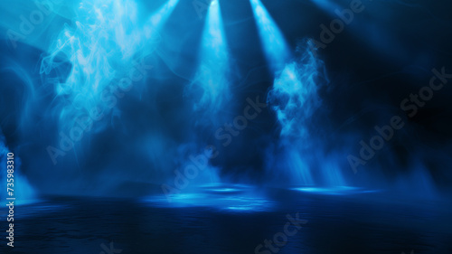 A minimalist yet powerful stage setting  with a single blue vector spotlight casting a focused beam through a subtle haze of smoke on a black background.