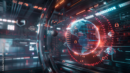cyber security, featuring a holographic shield surrounding a digital globe, with binary code and cyber locks floating around.