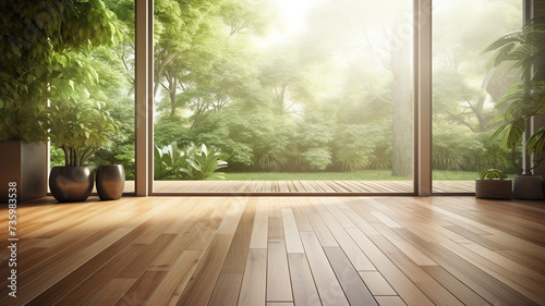 Empty room of modern with wooden floor and large window