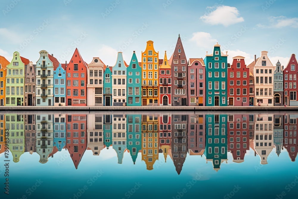 a row of colorful buildings with a body of water