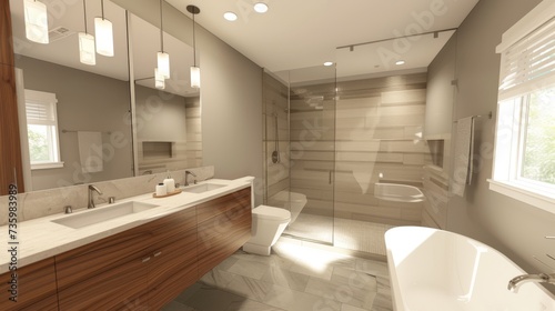 Serene and Elegant International Style Bathroom with Floating Vanity and Glass Partition AI Generated.