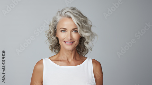 portrait of happy middle aged woman looks at camera on white background