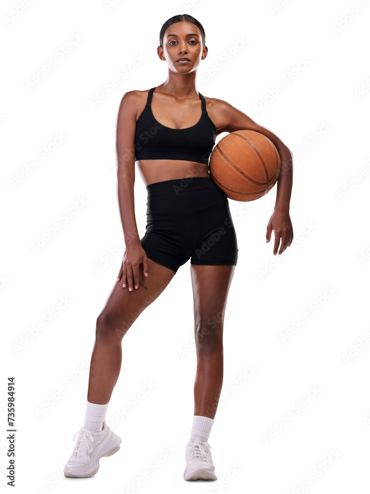 Woman, basketball for sports in portrait and training with workout and body on png transparent background. Exercise, fitness with game or competition for health, wellness and confident Indian athlete Woman, basketball for sports in portrait and training with workout and body on png transparent background. Exercise, fitness with game or competition for health, wellness and confident Indian athlete