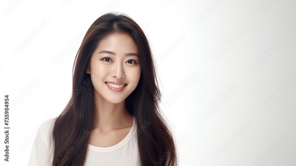 portrait of happy asian woman looks at camera on white background portrait of happy asian woman looks at camera on white background