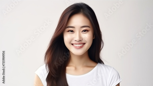 portrait of happy asian woman looks at camera on white background