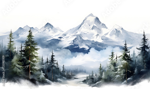 svowy watercolor of high mountains