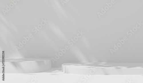 3d rendering podium background minimal product placement background with leaves shadow on white plaster wall.pedestal backdrop room for product platform stage mockup for overlay product presentation