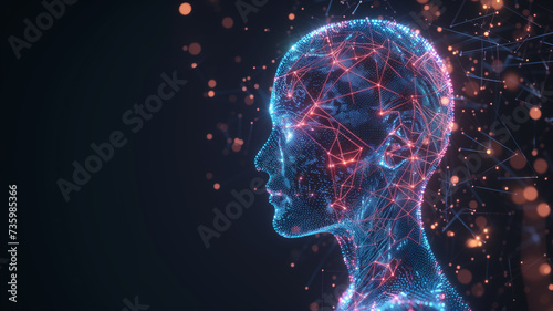 humanoid head, where the neural network is visualized as a radiant neon web of connections.