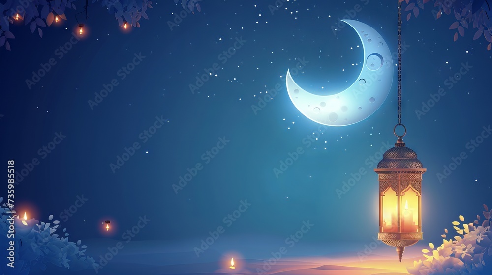 Ramadan Kareem Blue Banner with Crescent Moon and Lanterns - Islamic Greeting Card for Muslim Holiday Celebration Ramadan Kareem Blue Banner with Crescent Moon and Lanterns - Islamic Greeting Card for Muslim Holiday Celebration
