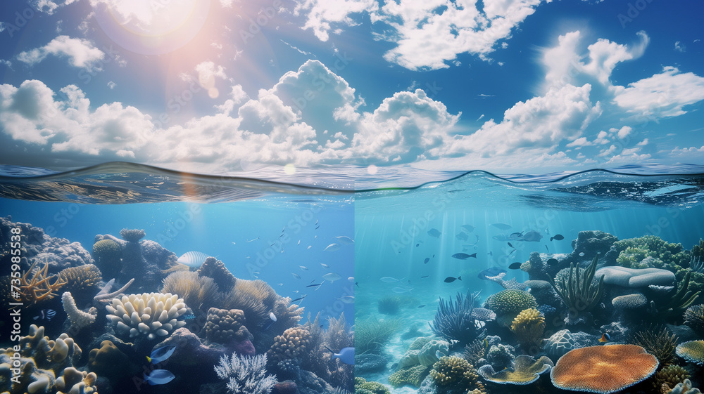 underwater scene filled with serene blue tones and gentle sea creatures, juxtaposed with the vibrant blue sky above, dotted with wispy clouds and the radiant sun. underwater scene filled with serene blue tones and gentle sea creatures, juxtaposed with the vibrant blue sky above, dotted with wispy clouds and the radiant sun.