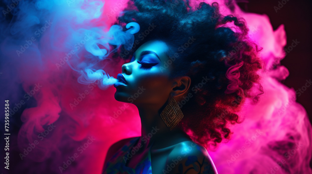 Humo de neón alrededor de una hermosa mujer negra, desde las cenizas, colores vibrantes
