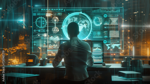 businessman and his team in a modern office, seamlessly interacting with a virtual digital dashboard interface that overlaps with the real world.