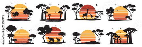 African savannah with animals and orange sunset set. silhouette safari vector landscape