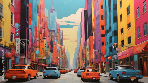 A vibrant cityscape in a pop art piece, with buildings and streets pulsating with the energy of urban life - AI