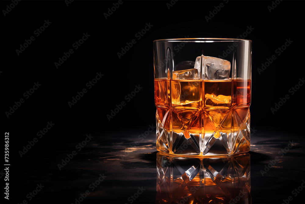 Whiskey glass with ice cubes on black background. Whiskey glass with ice cubes on black background.