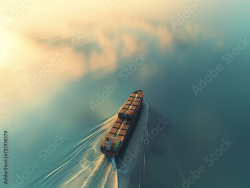 bird's-eye view of a cargo ship at sea, using generative AI to emphasize the geometric patterns of containers.