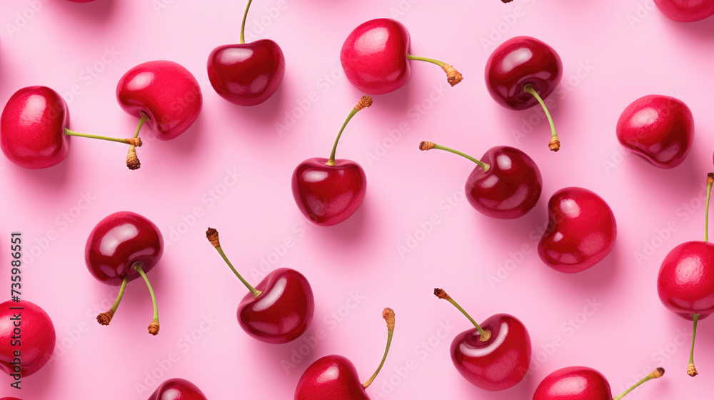 Red cherry on pink background. Ripe red cherry berries as background
