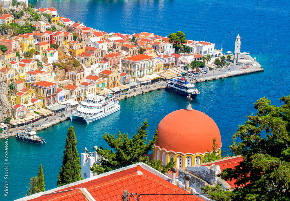 Symi town cityscape, Dodecanese islands, Greece - obrazy, fototapety, plakaty 
