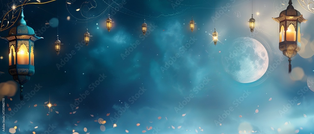 Ramadan Kareem greeting card with golden mosque and colorful lanterns on dark background Ramadan Kareem greeting card with golden mosque and colorful lanterns on dark background
