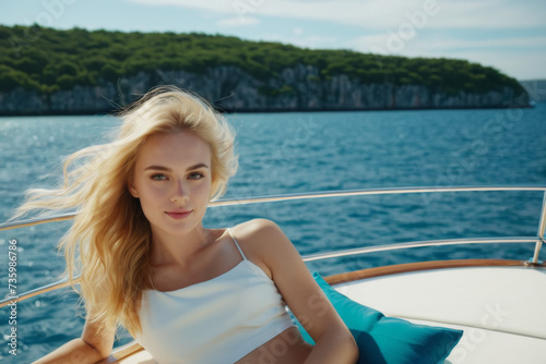Beautiful young woman relaxing on a boat on summer vacation © Jakub