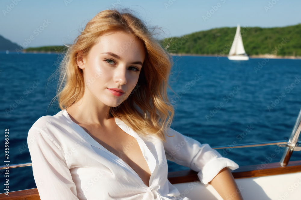 Beautiful young woman relaxing on a boat on summer vacation