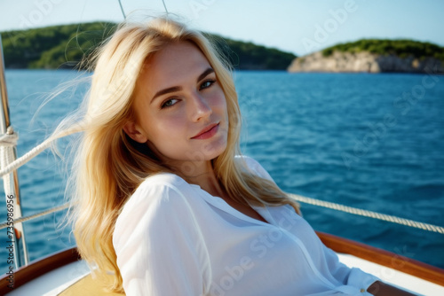 Beautiful young woman relaxing on a boat on summer vacation © Jakub
