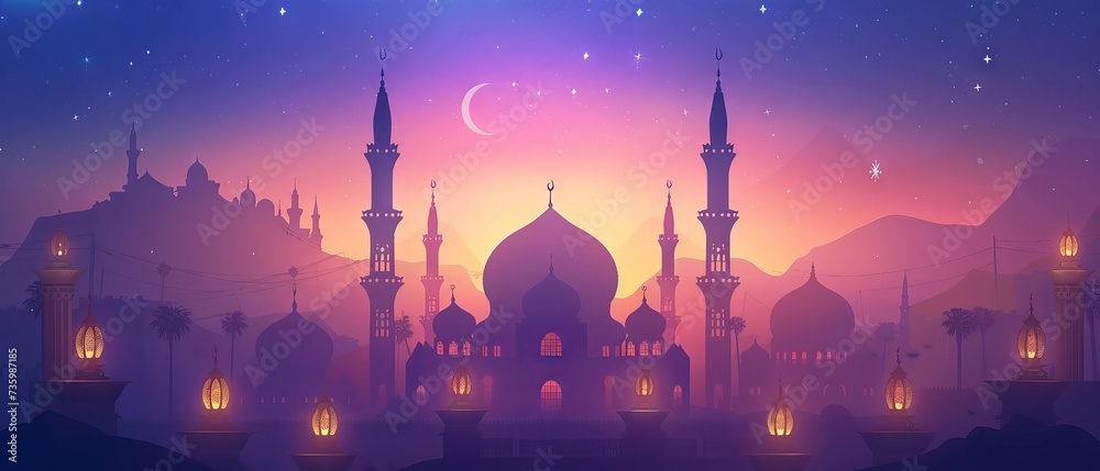 Ramadan Kareem greeting card with golden mosque and colorful lanterns on dark background - obrazy, fototapety, plakaty 