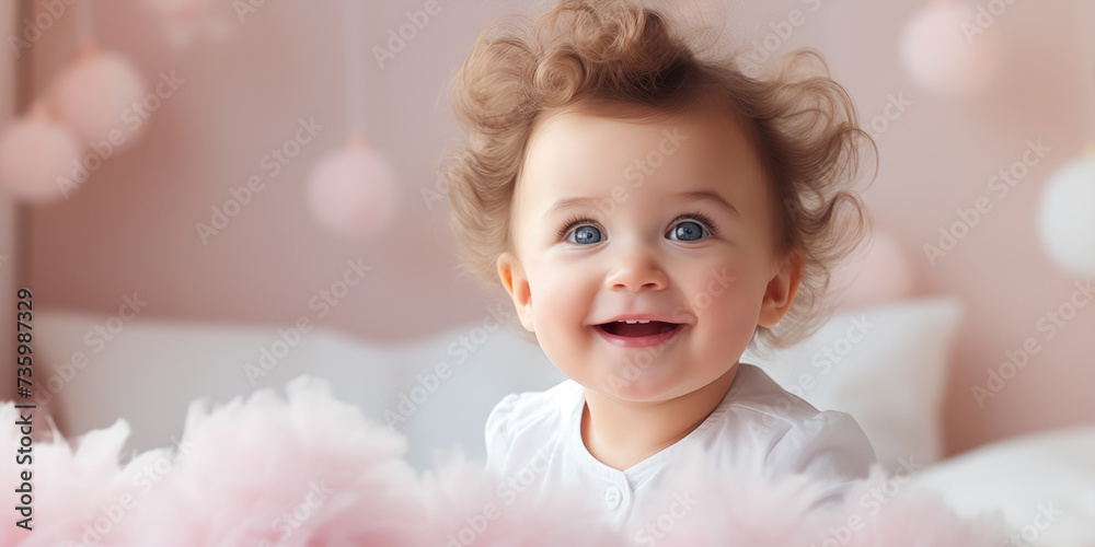 Cute little baby in cozy bedding. Banner with copy space. Shallow depth of field. Cute little baby in cozy bedding. Banner with copy space. Shallow depth of field.