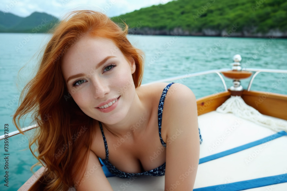 Beautiful young woman relaxing on a boat on summer vacation Beautiful young woman relaxing on a boat on summer vacation