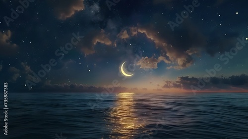 Crescent moon shining over dark sky with stars and lanterns, Ramadan celebration concept photo