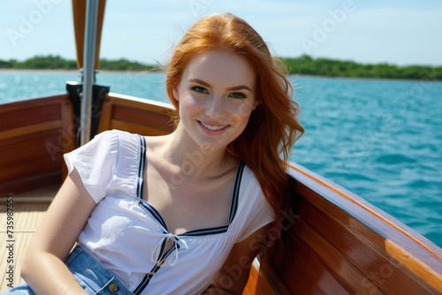 Beautiful young woman relaxing on a boat on summer vacation