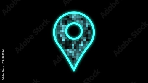 Cg footage on a black background, a turquoise neon symbol that signifies a place on the map in the form of an inverted drop, consists of squares of different shades that flash and the effect shimmers