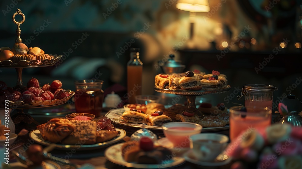Traditional Ramadan Kareem Iftar meal spread with dates, baklava, Arabic sweets, fruit, Arab tea, and rose sherbet beverage, festive Islamic dinner concept